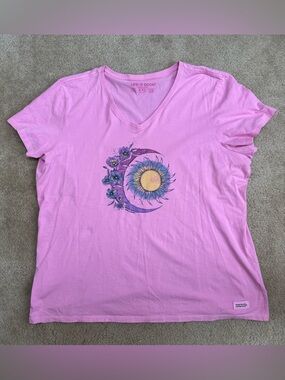 Life Is Good Pink V-Neck Sun & Moon Floral Tee
